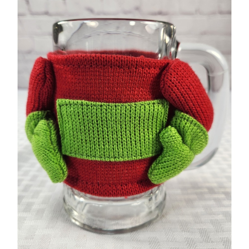 Vintage Hazel Atlas Glass Mug with Christmas Sweater Cozy & Mittens Holiday